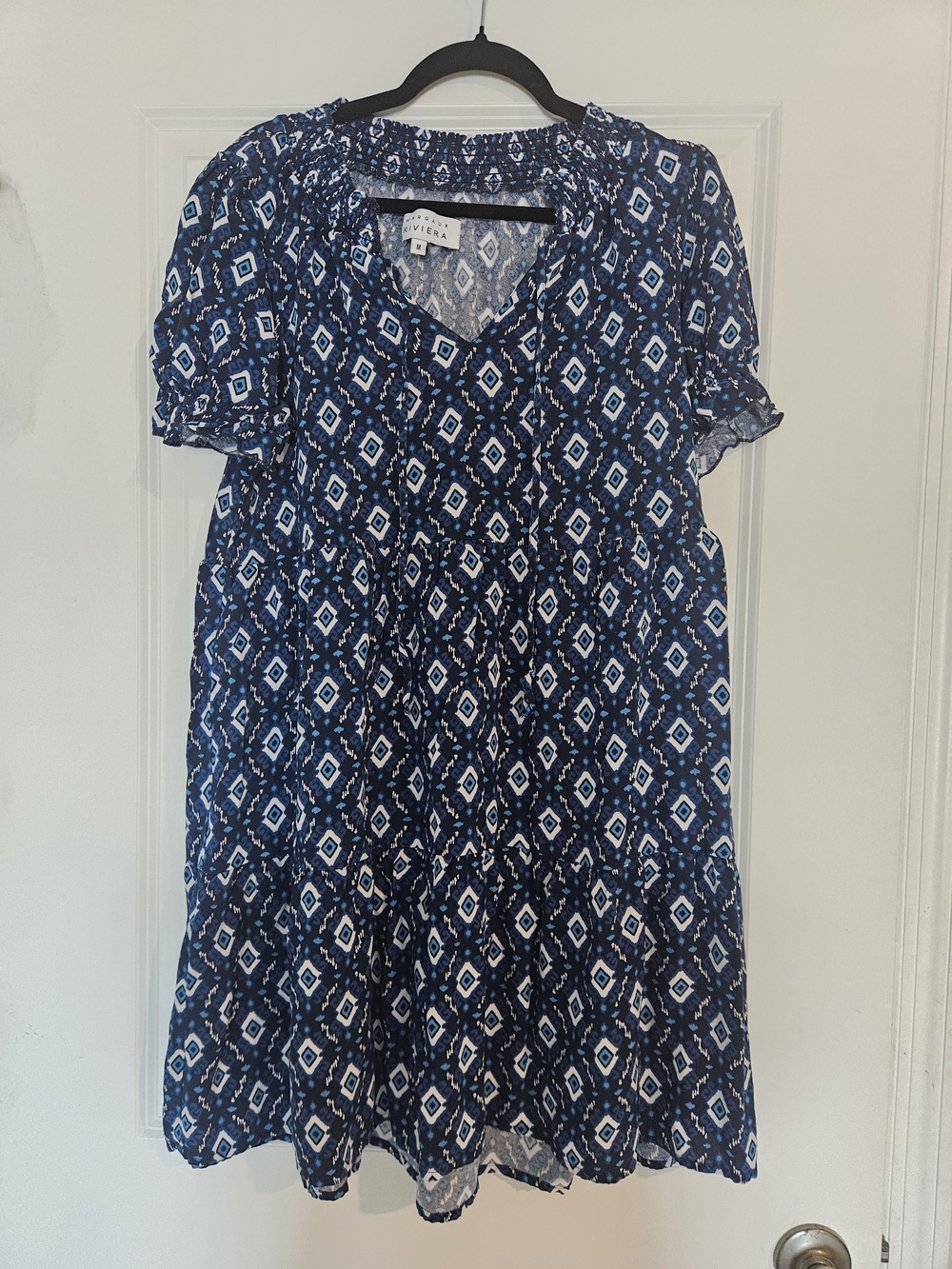 Riviera Navy and White Diamond-Print Short Sleeve Dress